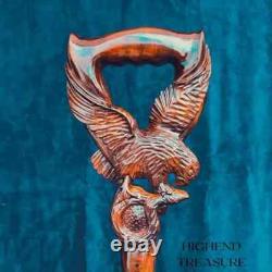 Dynamic Serenity Handcrafted Wooden Carved Cane with Eagle and Snake Motif Best