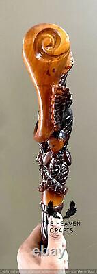Eagle And Fish Wooden Walking Stick Cane 37 Inch Handmade Carved Handle Walking