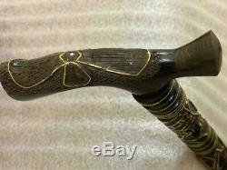 Ebony Carving Wood Canes Walking Stick Inlaid Yellow Copper