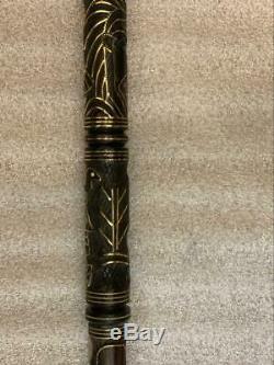 Ebony Carving Wood Canes Walking Stick Inlaid Yellow Copper