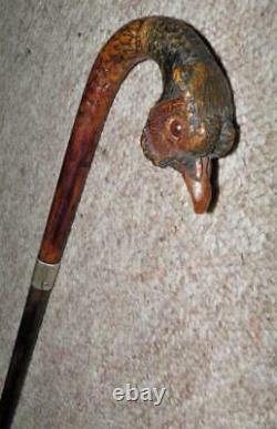 Edwardian BRIGG London Hand-Carved Pheasant Walking Cane -H/M Silver Collar 1905
