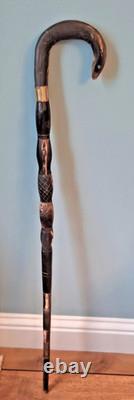 Edwardian Complete Carved Bovine Horn Walking Stick/Cane, Brass Collar OOAK
