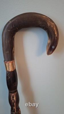 Edwardian Complete Carved Bovine Horn Walking Stick/Cane, Brass Collar OOAK