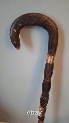 Edwardian Complete Carved Bovine Horn Walking Stick/Cane, Brass Collar OOAK