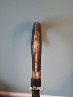 Edwardian Complete Carved Bovine Horn Walking Stick/Cane, Brass Collar OOAK