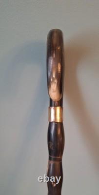 Edwardian Complete Carved Bovine Horn Walking Stick/Cane, Brass Collar OOAK