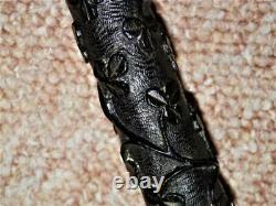 Edwardian H/M Silver Irish Bog Oak Hand- Carved Clover Walking Stick 88cm