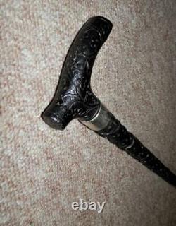 Edwardian H/M Silver Irish Bog Oak Hand- Carved Clover Walking Stick 88cm