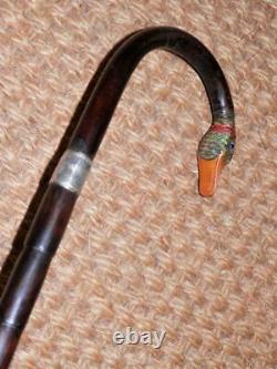 Edwardian Hand-Carved & Painted Duck Handle Walking Stick/Cane -H/M Silver 1907