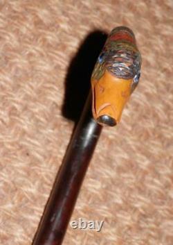 Edwardian Hand-Carved & Painted Duck Handle Walking Stick/Cane -H/M Silver 1907