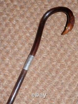 Edwardian Ladies Hand-Carved Eagle Head Walking Stick/Cane-Silver Hallmarks 1914