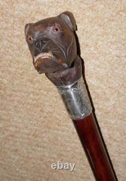 Edwardian Walking Stick Hand Carved Bulldog Head & Hallmarked 1902 Silver