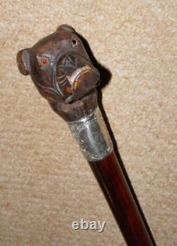 Edwardian Walking Stick Hand Carved Bulldog Head & Hallmarked 1902 Silver