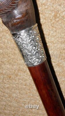 Edwardian Walking Stick Hand Carved Bulldog Head & Hallmarked 1902 Silver