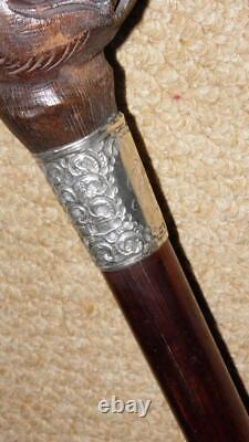 Edwardian Walking Stick Hand Carved Bulldog Head & Hallmarked 1902 Silver