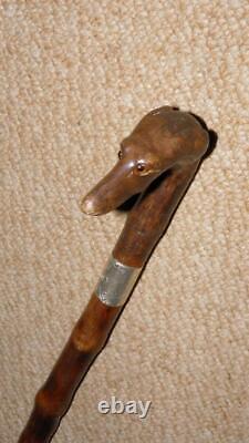 Edwardian Walking Stick Hand-Carved Whippet & Hallmarked 1902 Silver By Kendall