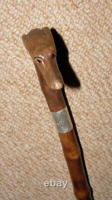 Edwardian Walking Stick Hand-Carved Whippet & Hallmarked 1902 Silver By Kendall