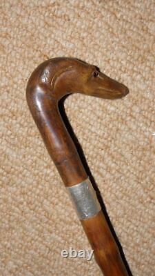 Edwardian Walking Stick Hand-Carved Whippet & Hallmarked 1902 Silver By Kendall