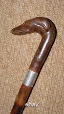 Edwardian Walking Stick Hand-Carved Whippet & Hallmarked 1902 Silver By Kendall