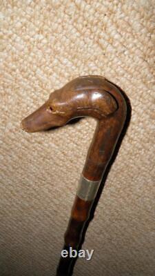 Edwardian Walking Stick Hand-Carved Whippet & Hallmarked 1902 Silver By Kendall