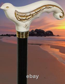 Elegant Pretty Swallow Bird White Wood Carved Walking Stick Cane, Dressy Designe