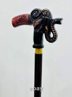 Elephant walking cane Hand carved handle and staff Hiking stick Wood cane Style