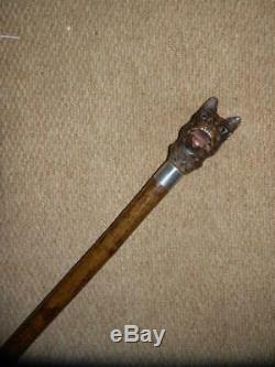 Elizabethan Hand Carved Snarling Dog H. M Silver Walking Stick. 35.1/2 Brigg