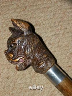 Elizabethan Hand Carved Snarling Dog H. M Silver Walking Stick. 35.1/2 Brigg