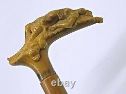 English 1850's Carved Bone Damsel Lying On Lion Handle Maple Body Walking Stick