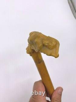 English 1850's Carved Bone Damsel Lying On Lion Handle Maple Body Walking Stick