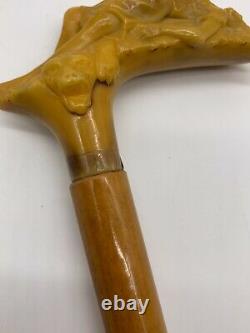 English 1850's Carved Bone Damsel Lying On Lion Handle Maple Body Walking Stick