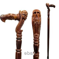 Ergonomic Hand Carved Wooden Walking Stick Cane Skull Head Palm Grip Handle