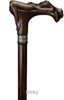 Ergonomic Hand Carved Wooden Walking Stick Cane Skull Head Palm Grip Handle