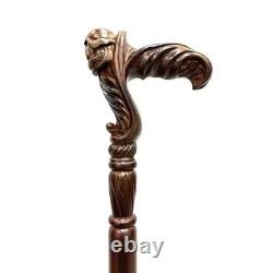 Ergonomic Hand Carved Wooden Walking Stick Cane Skull Head Palm Grip Handle