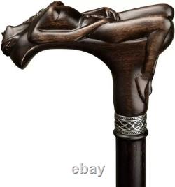 Ergonomic Hand Carved Wooden Walking Stick Cane Skull Head Palm Grip Handle