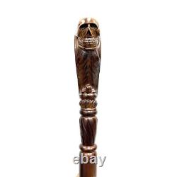 Ergonomic Hand Carved Wooden Walking Stick Cane Skull Head Palm Grip Handle