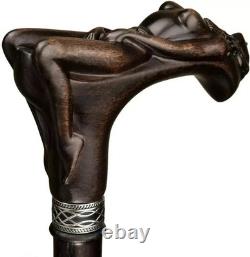 Ergonomic Hand Carved Wooden Walking Stick Cane Skull Head Palm Grip Handle