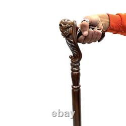 Ergonomic Hand Carved Wooden Walking Stick Cane Skull Head Palm Grip Handle