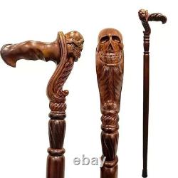 Ergonomic Hand Carved Wooden Walking Stick Cane Skull Head Palm Grip Handle