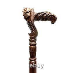 Ergonomic Hand Carved Wooden Walking Stick Cane Skull Head Palm Grip Handle