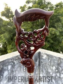 Ergonomic Palm Grip Wood Carved Goat Handle Handmade Wooden Walking Stick Cane