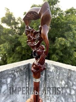 Ergonomic Palm Grip Wood Carved Goat Handle Handmade Wooden Walking Stick Cane