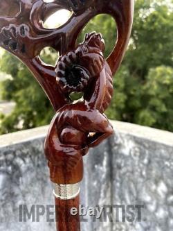 Ergonomic Palm Grip Wood Carved Goat Handle Handmade Wooden Walking Stick Cane