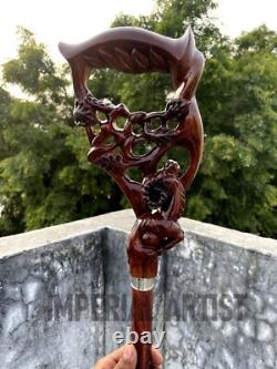 Ergonomic Palm Grip Wood Carved Goat Handle Handmade Wooden Walking Stick Cane