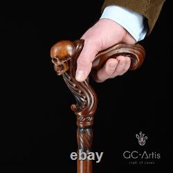 Ergonomic Skull Wooden Walking Cane, Handle Wood Carved Walking Stick Gift