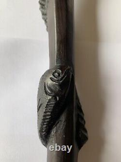Exotic Wood Tribal African Walking Stick Hand-Carved-elephant- Fish. 105cm Long