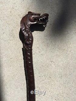 Exquisite Vintage Asian Hand Carved Dragon Cane Walking Stick 3ft VERY RARE