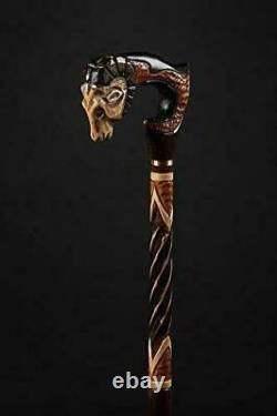 Extravagant Ram Walking Stick Hand Carved Aries Wooden Cane Handmade Hiking