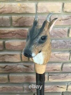 Extremely Rare Mike Wood Muntjac Deer Carved Head Staff Cane Stalking Wagbi Basc