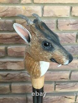 Extremely Rare Mike Wood Muntjac Deer Carved Head Staff Cane Stalking Wagbi Basc